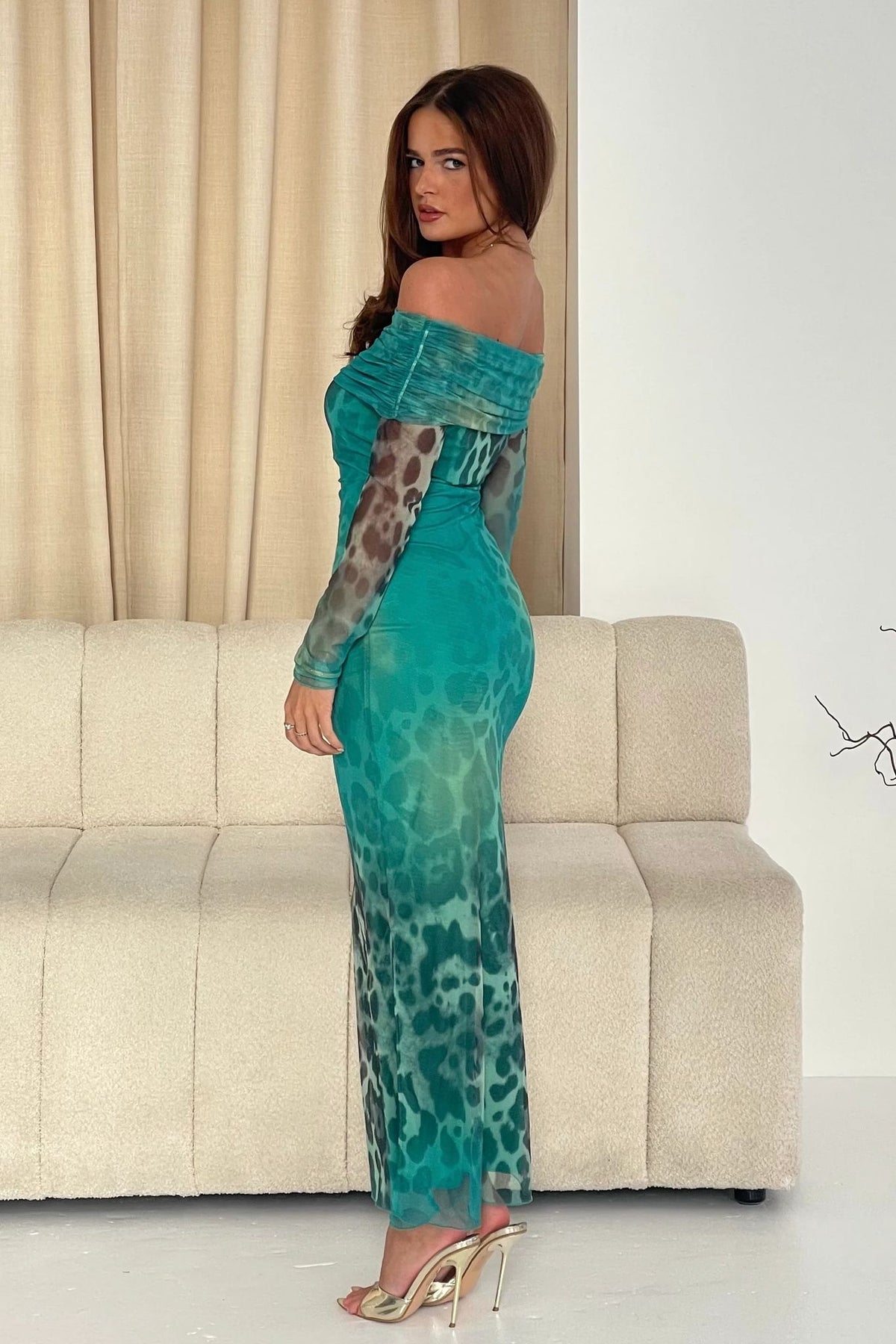 green leopard print maxi dress Reine Off Shoulder – Eva Bella Maghera Sequance Embroidery Work