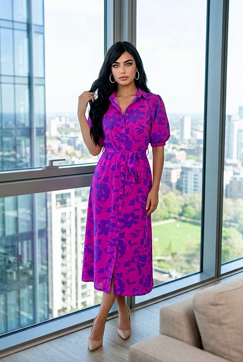 Purple and blue floral print button front dress