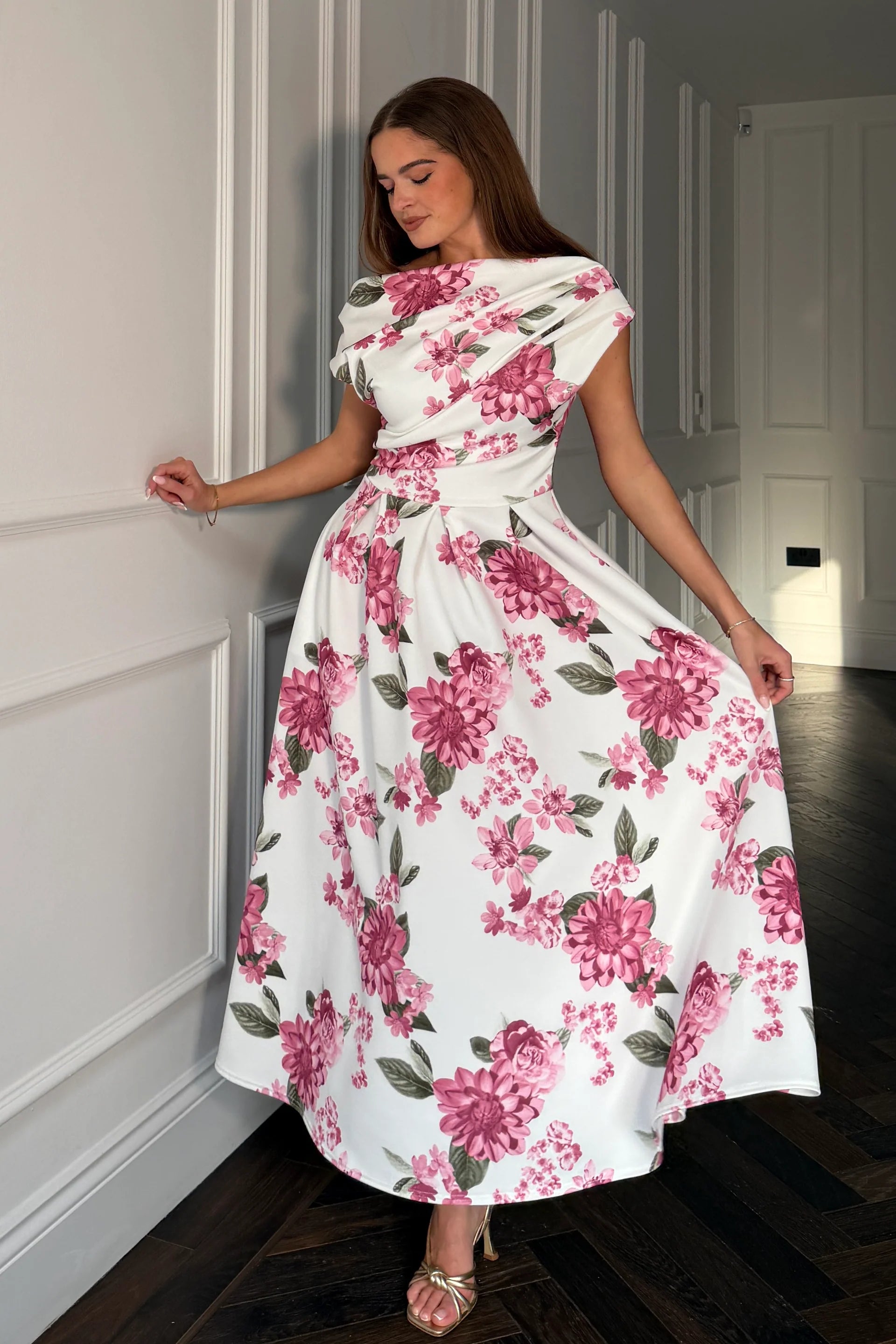 Betty Asymmetric Neckline Skater Midi Pink Floral