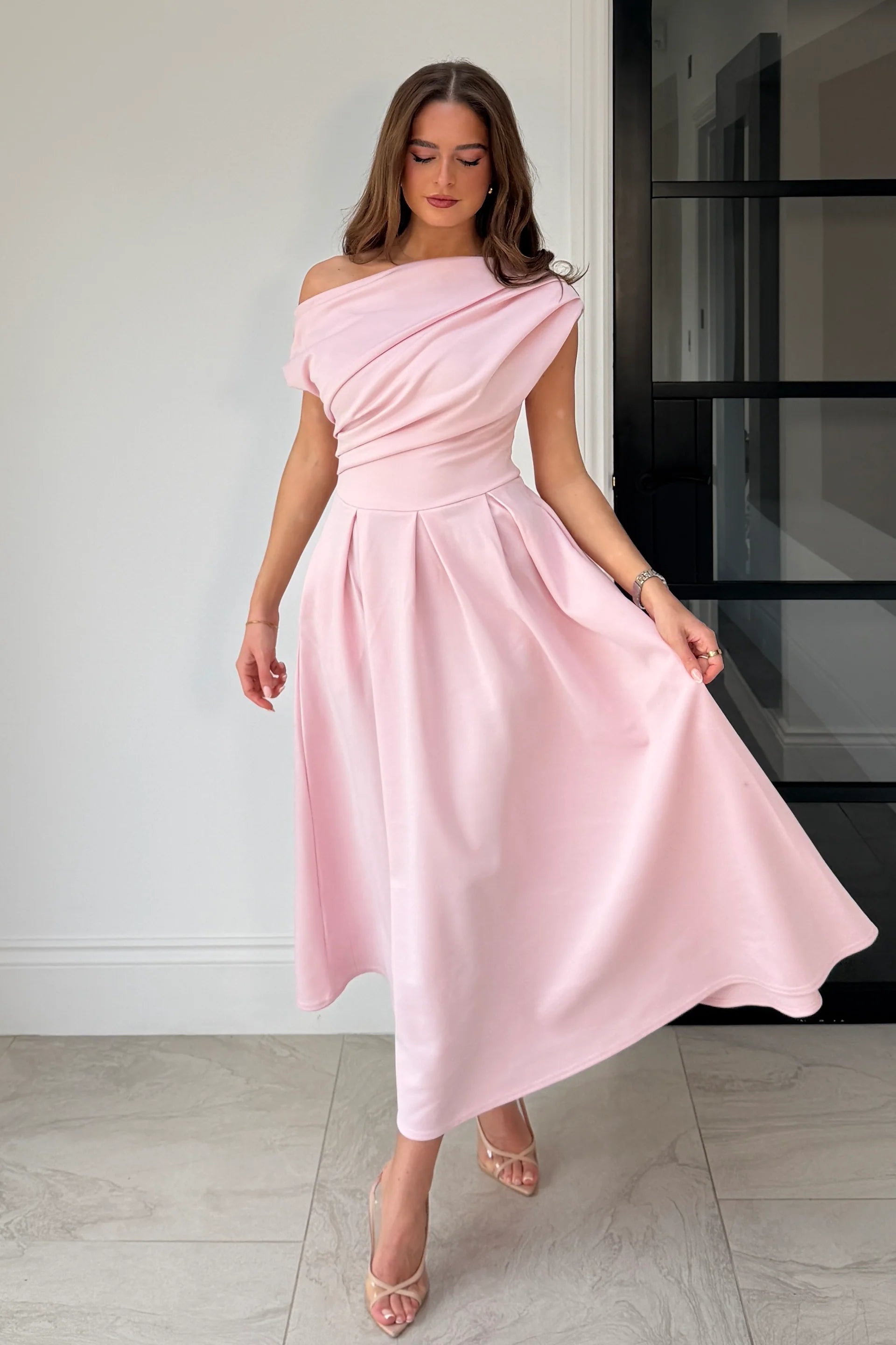 Betty Asymmetric Neckline Skater Midi, Baby Pink