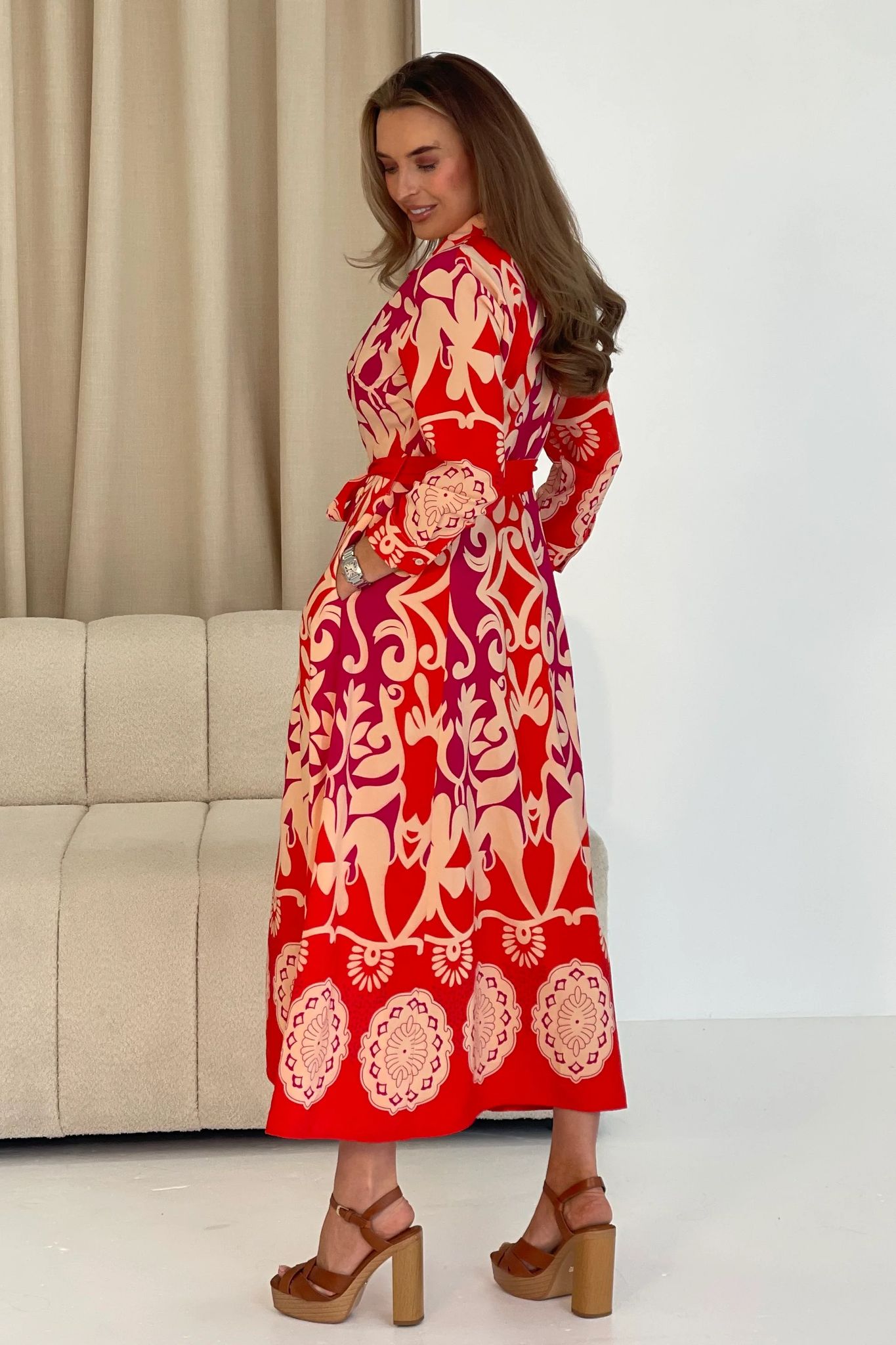 Angela Red Abstract Border Print Shirt Maxi Dress