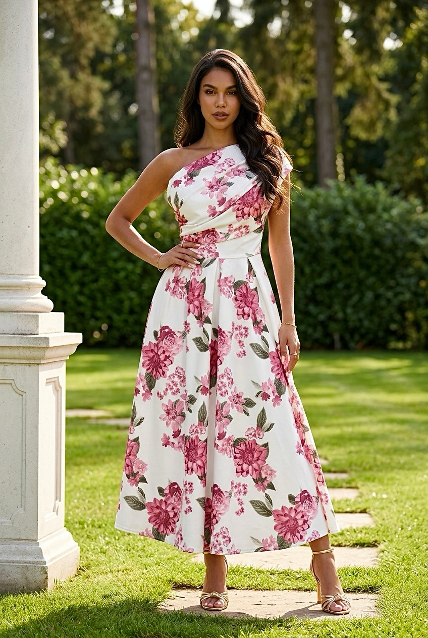 Betty Asymmetric Neckline Skater Midi Pink Floral