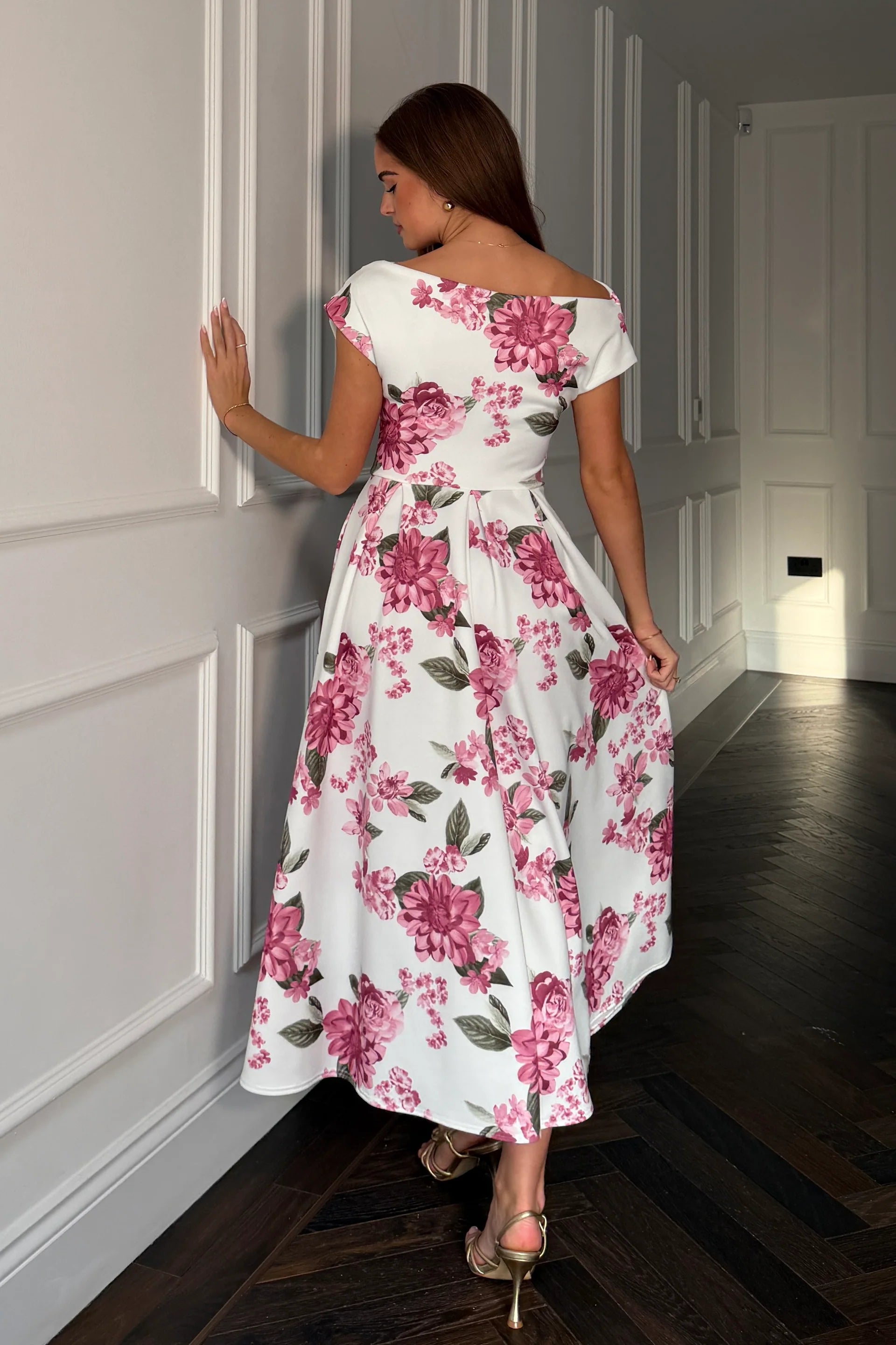 Betty Asymmetric Neckline Skater Midi Pink Floral