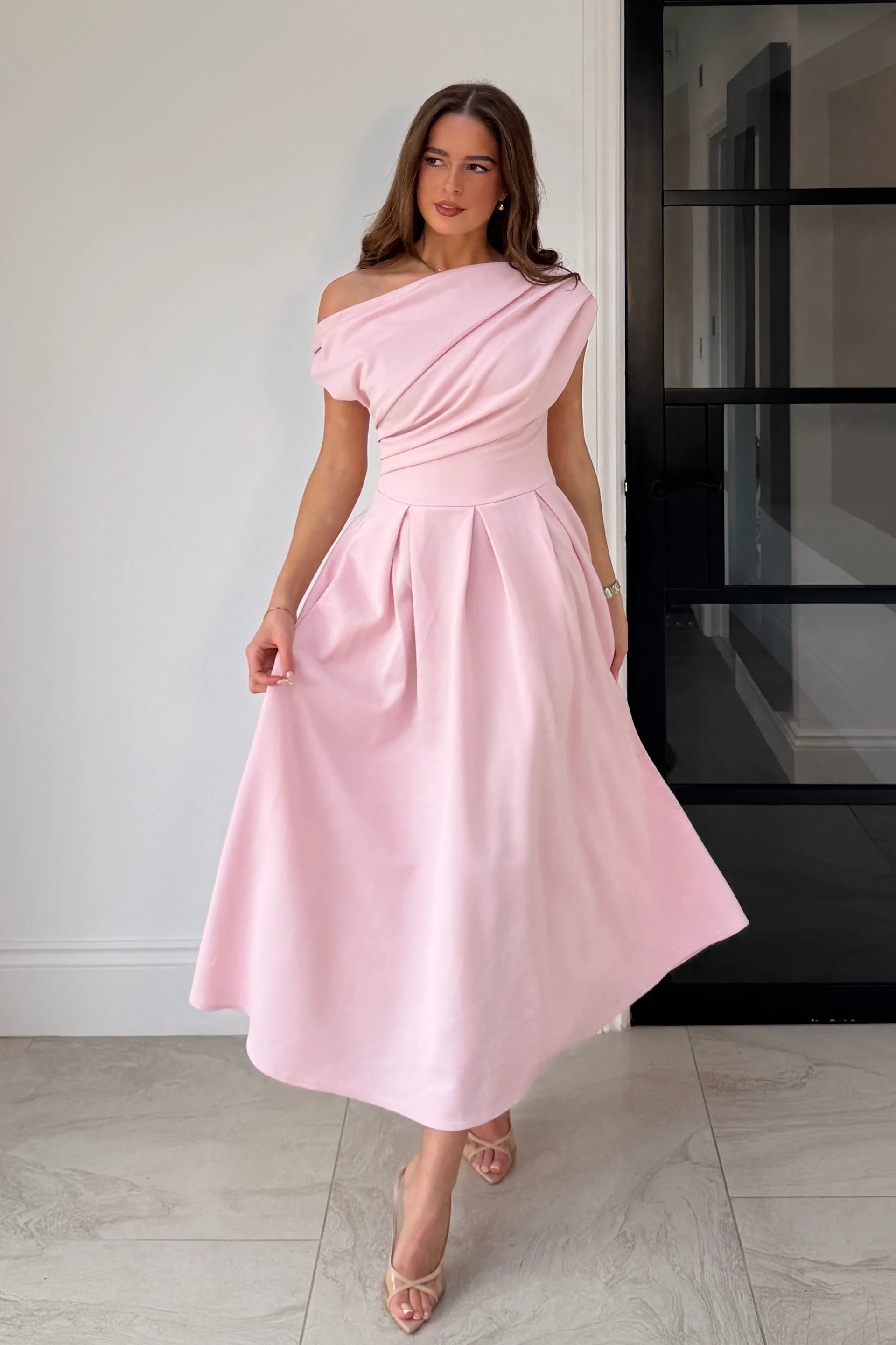 Betty Asymmetric Neckline Skater Midi, Baby Pink