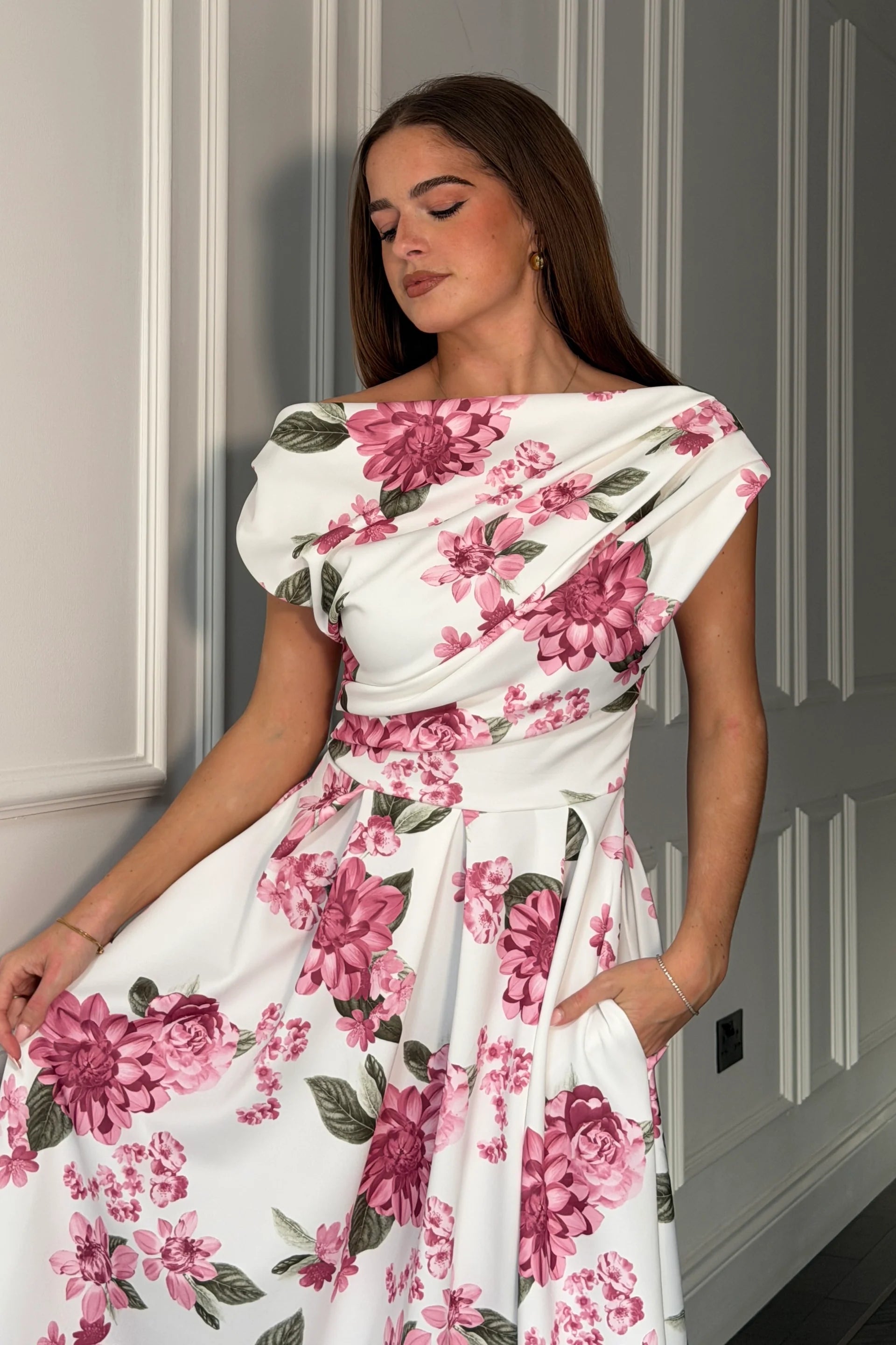 Betty Asymmetric Neckline Skater Midi Pink Floral