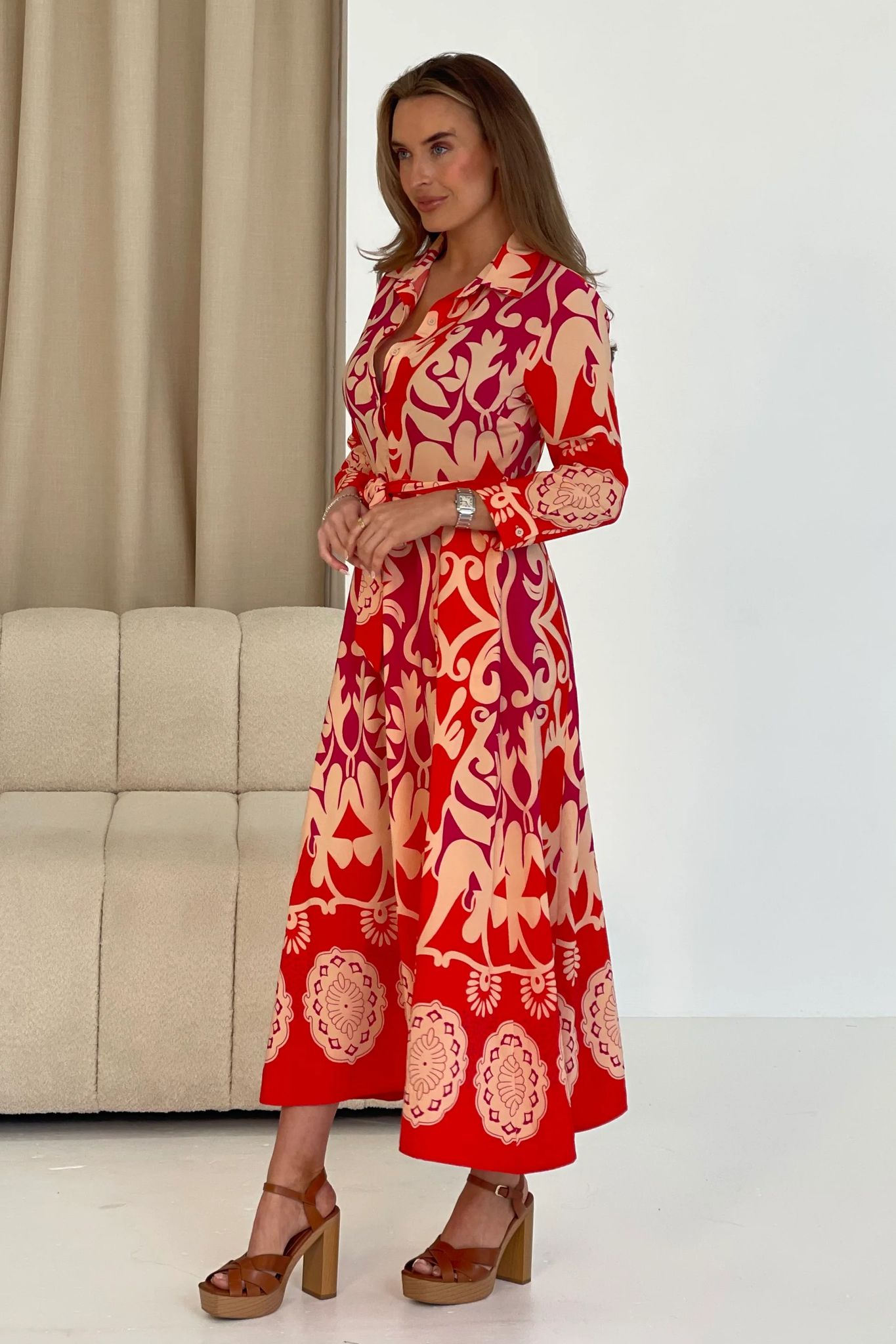 Angela Red Abstract Border Print Shirt Maxi Dress